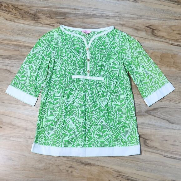 🦋Vintage Lilly Pulitzer Lime Leaf & Giraffe Print 3/4 Sleeve Tunic Top XSmall - Picture 2 of 13